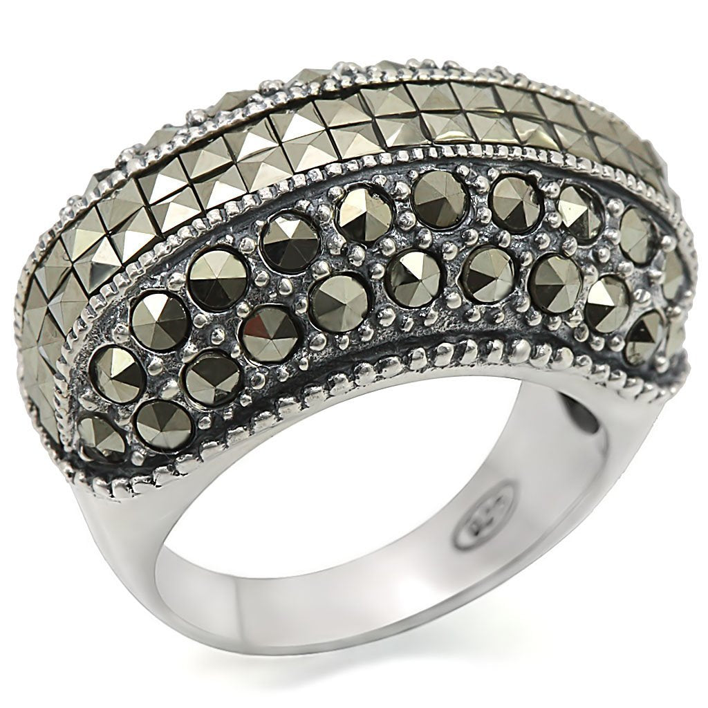 Antique Tone 925 Sterling Silver Ring with Synthetic Marcasite in Black Diamond