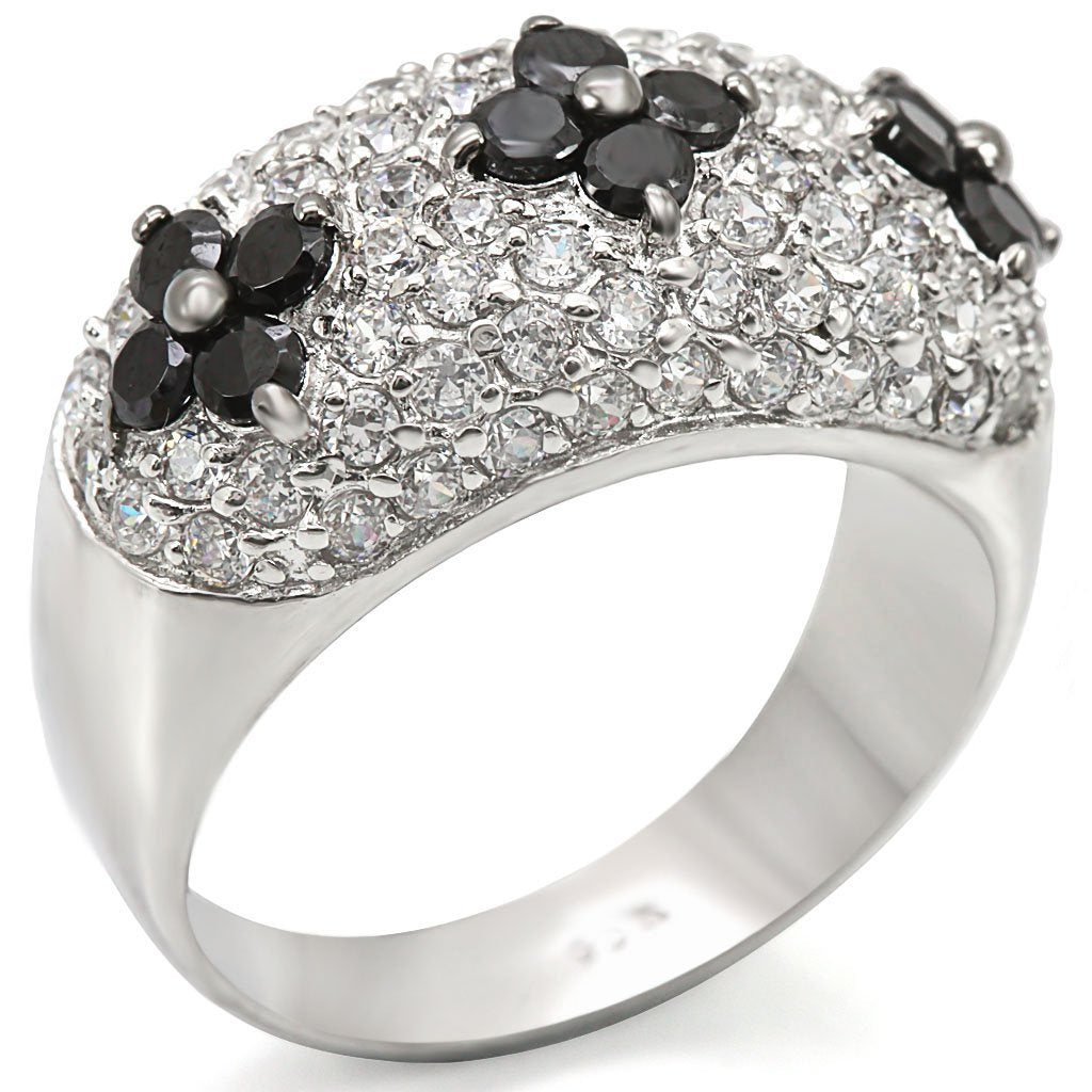Rhodium + Ruthenium 925 Sterling Silver Ring with AAA Grade CZ in Black Diamond