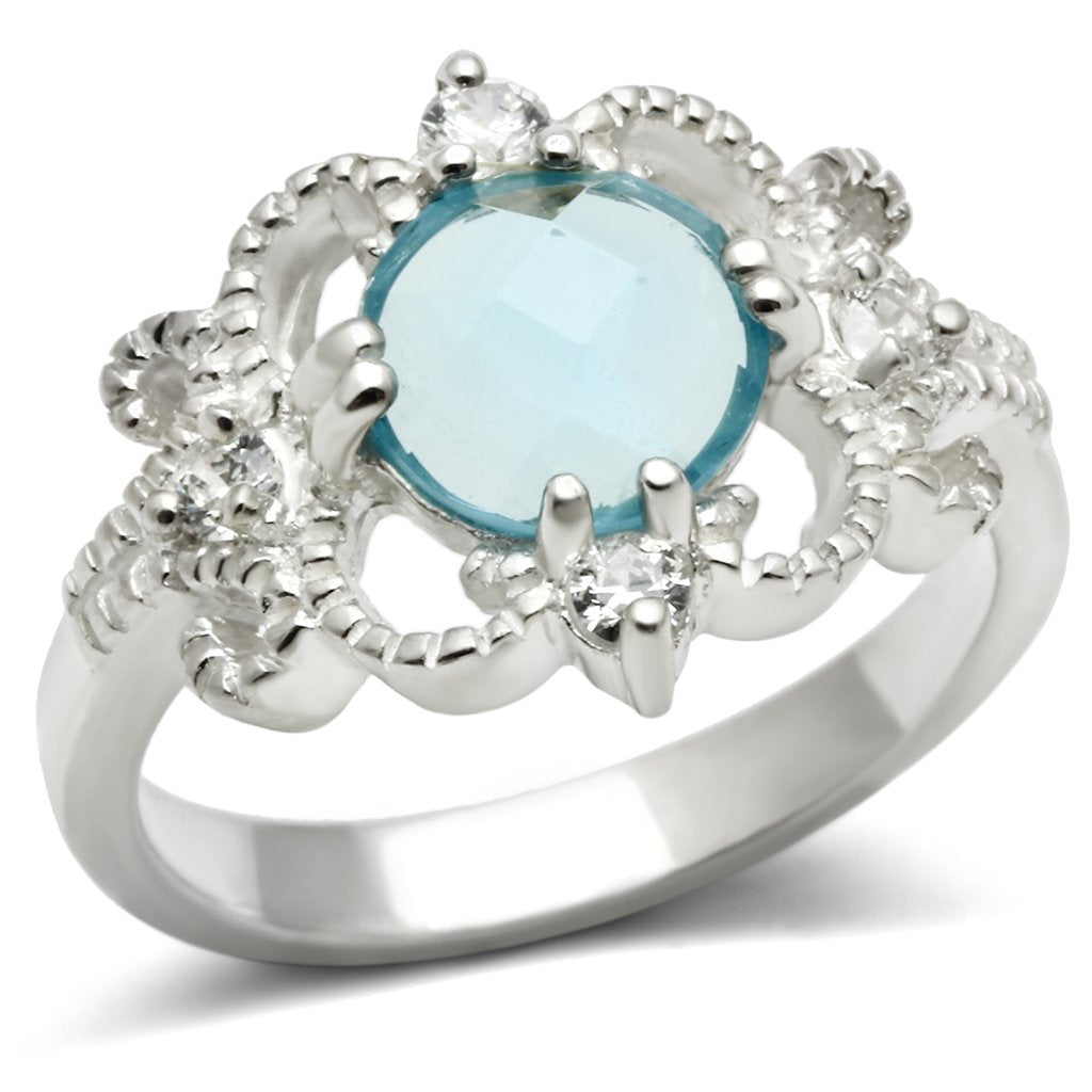 Silver 925 Sterling Silver Ring with Synthetic Synthetic Glass in Sea Blue
