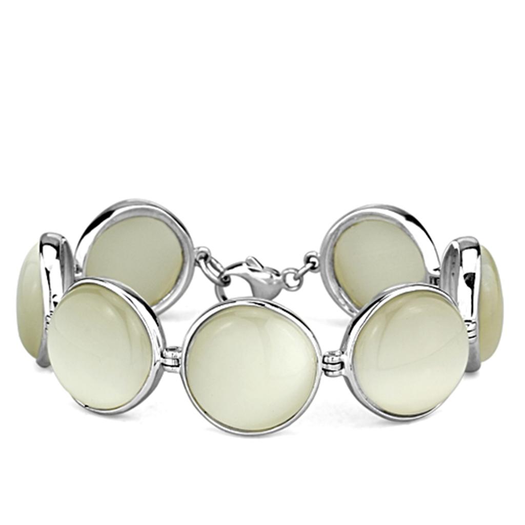 High-Polished 925 Sterling Silver Bracelet with Synthetic Cat Eye in White