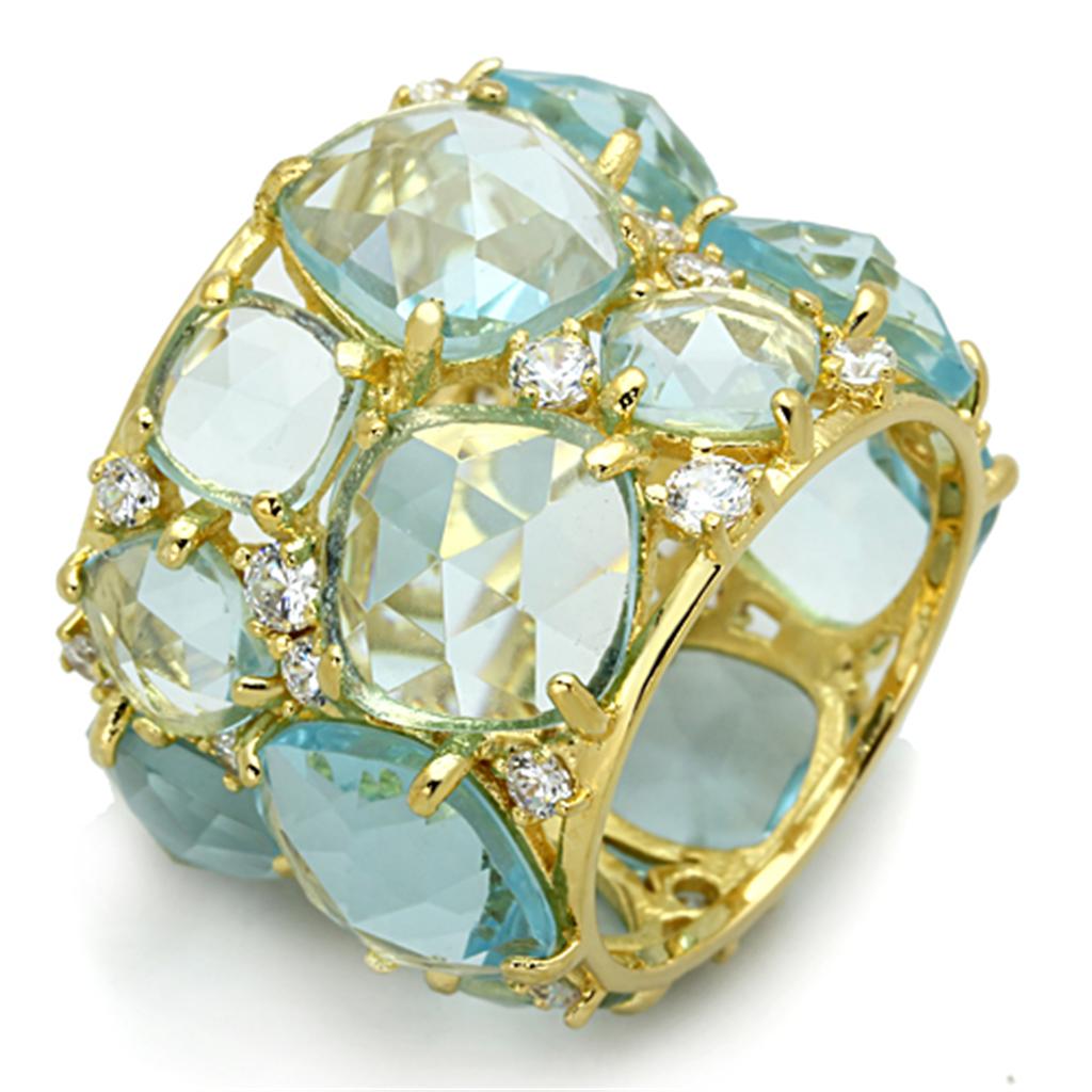Gold 925 Sterling Silver Ring with Synthetic Synthetic Glass in Sea Blue