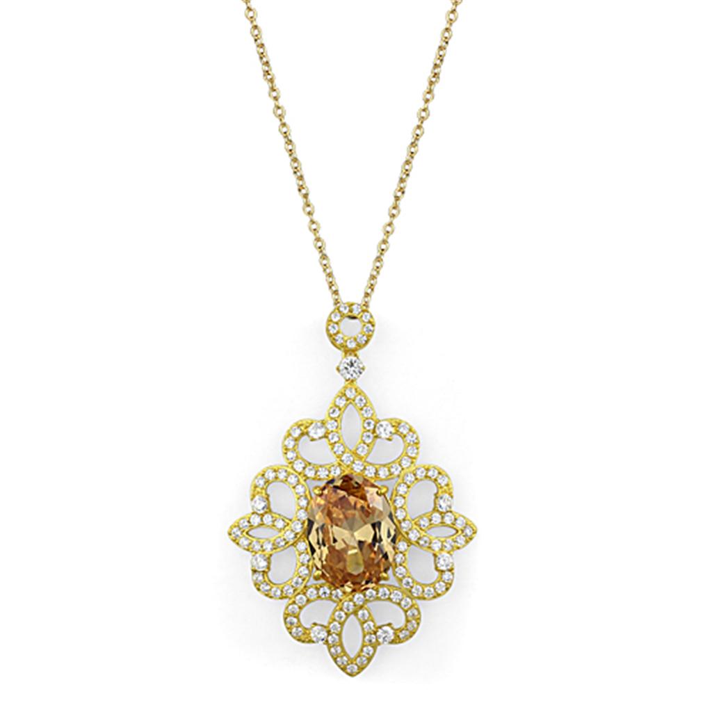 Gold 925 Sterling Silver Chain Pendant with AAA Grade CZ in Champagne