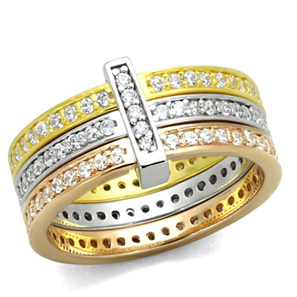 Rhodium + Gold + Rose Gold 925 Sterling Silver Ring with AAA Grade CZ in Clear