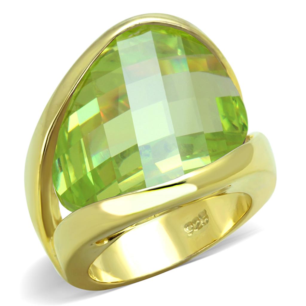 Gold 925 Sterling Silver Ring with Synthetic Synthetic Glass in Apple Green color