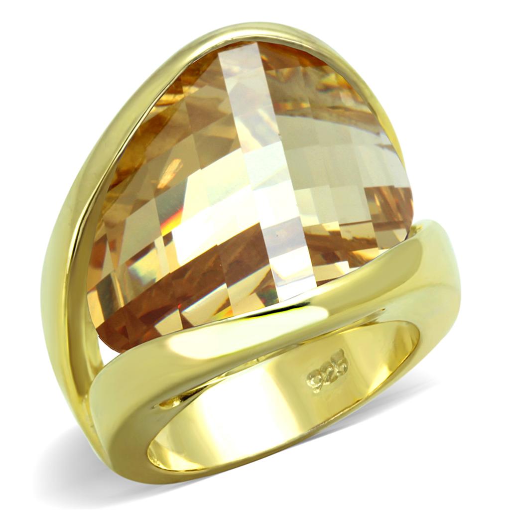Gold 925 Sterling Silver Ring with AAA Grade CZ in Champagne