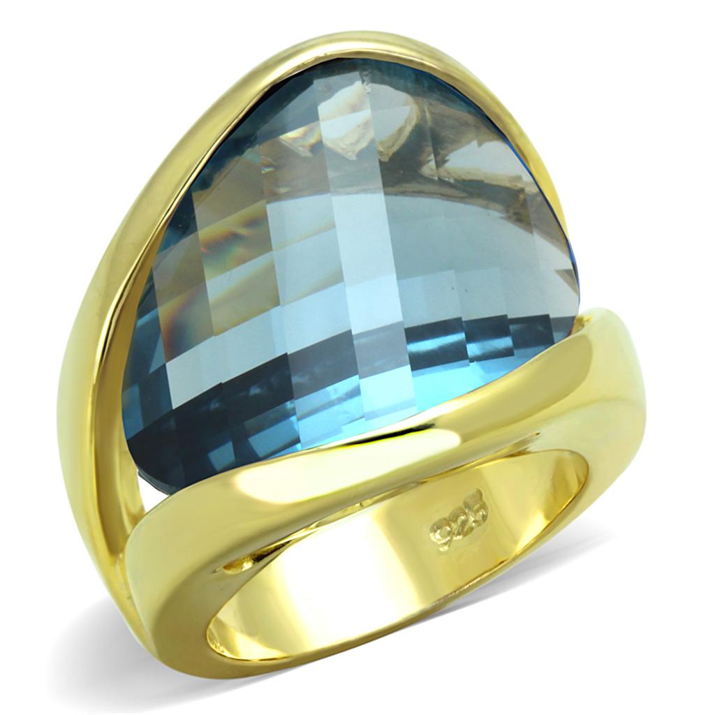 Gold 925 Sterling Silver Ring with Synthetic Synthetic Glass in Sea Blue
