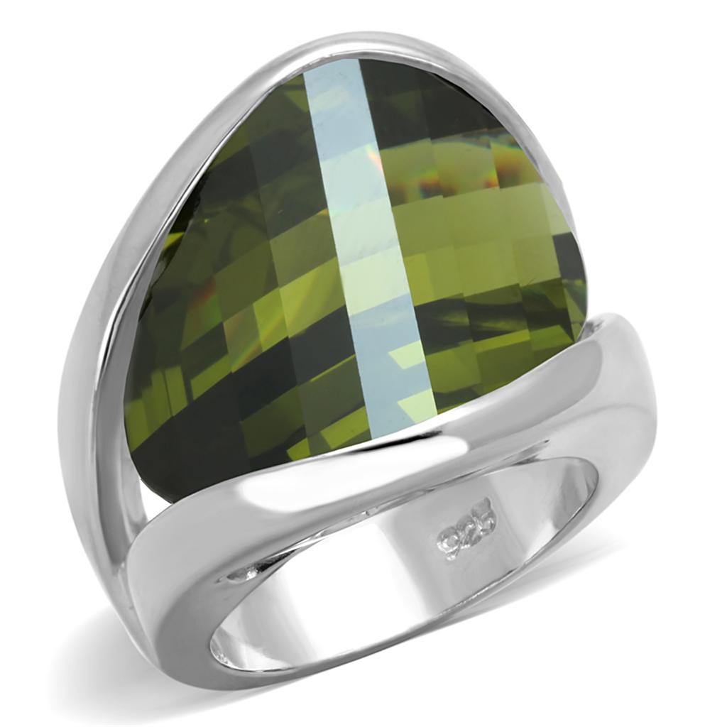 Rhodium 925 Sterling Silver Ring with AAA Grade CZ in Olivine color