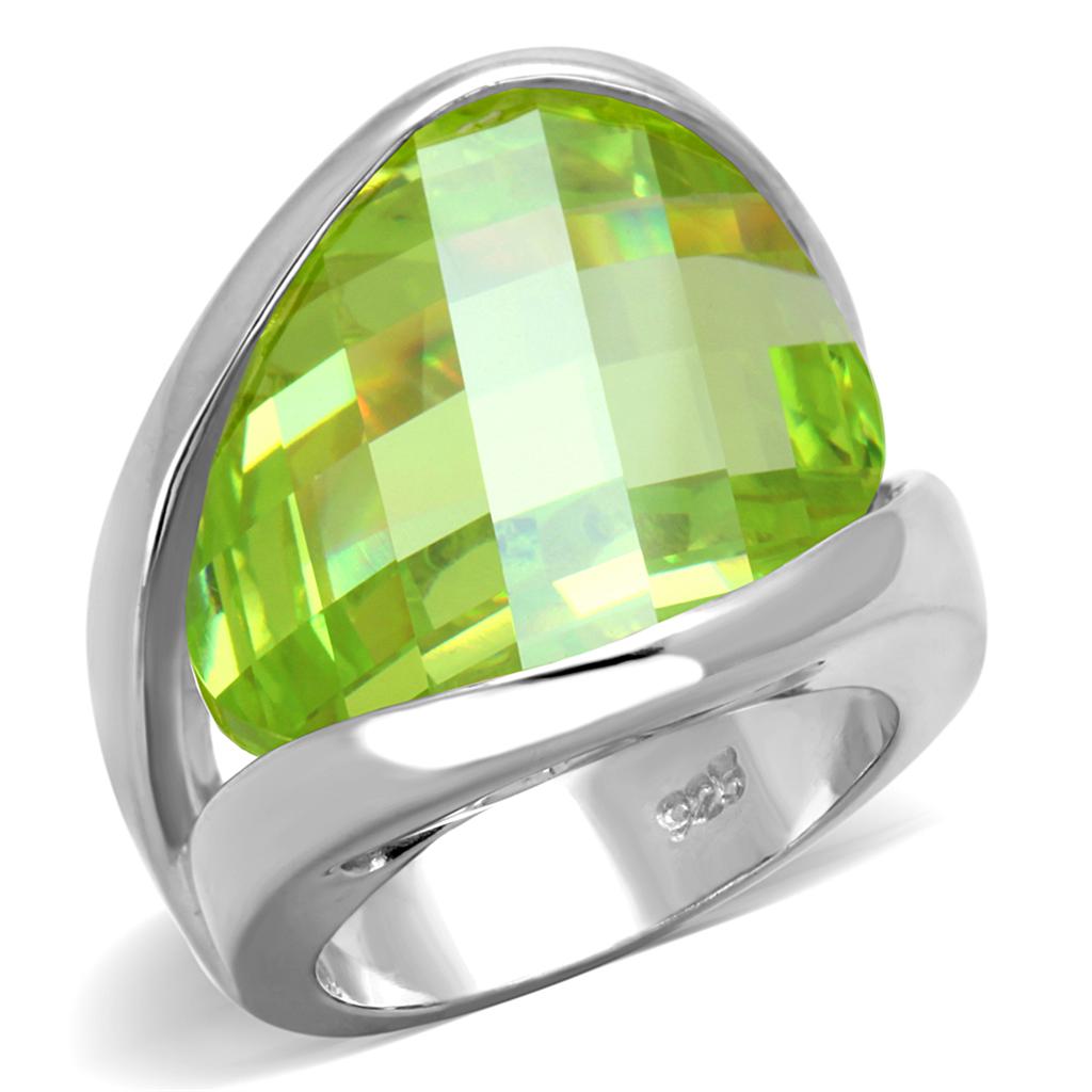Rhodium 925 Sterling Silver Ring with AAA Grade CZ in Apple Green color