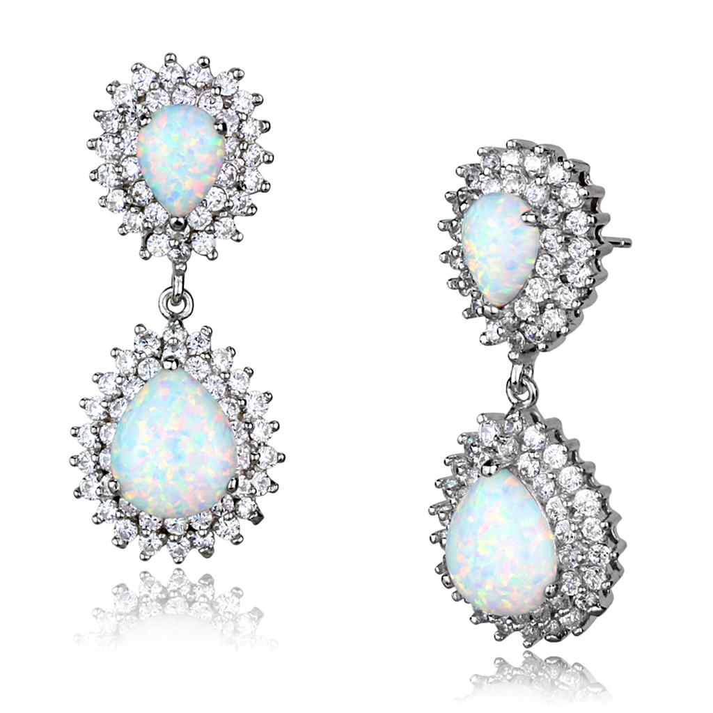 Rhodium 925 Sterling Silver Earrings with Semi-Precious Opal in Aurora Borealis (Rainbow Effect)