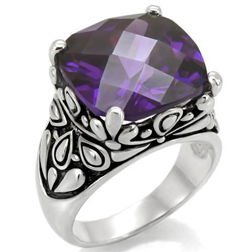 High polished (no plating) Stainless Steel Ring with AAA Grade CZ in Amethyst