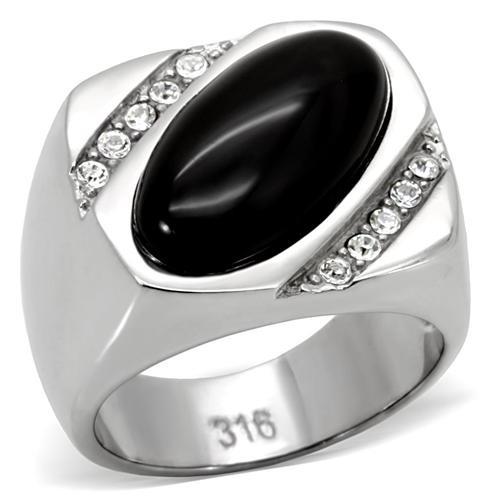 High polished (no plating) Stainless Steel Ring with Semi-Precious Agate in Jet