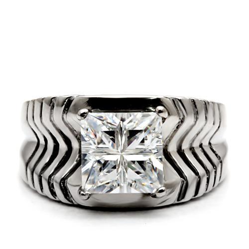 High polished (no plating) Stainless Steel Ring with AAA Grade CZ in Clear