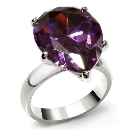 High polished (no plating) Stainless Steel Ring with AAA Grade CZ in Amethyst