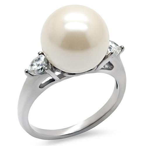 High polished (no plating) Stainless Steel Ring with Synthetic Pearl in Aurora Borealis (Rainbow Effect)