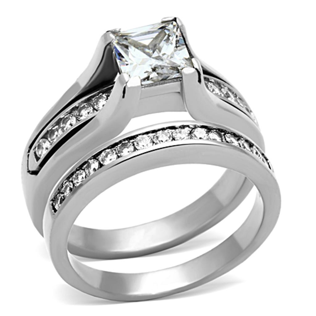 High polished (no plating) Stainless Steel Ring with AAA Grade CZ in Clear