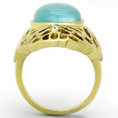 IP Gold(Ion Plating) Stainless Steel Ring with Synthetic Cat Eye in Light Sapphire