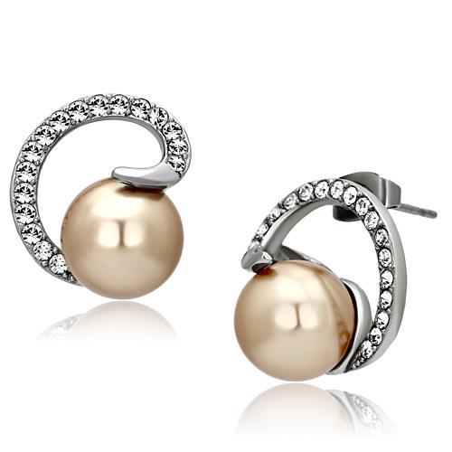 High polished (no plating) Stainless Steel Earrings with Synthetic Pearl in Brown
