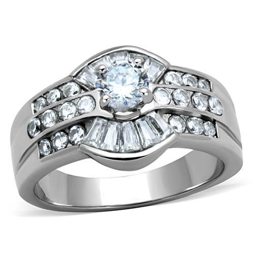 High polished (no plating) Stainless Steel Ring with AAA Grade CZ in Clear