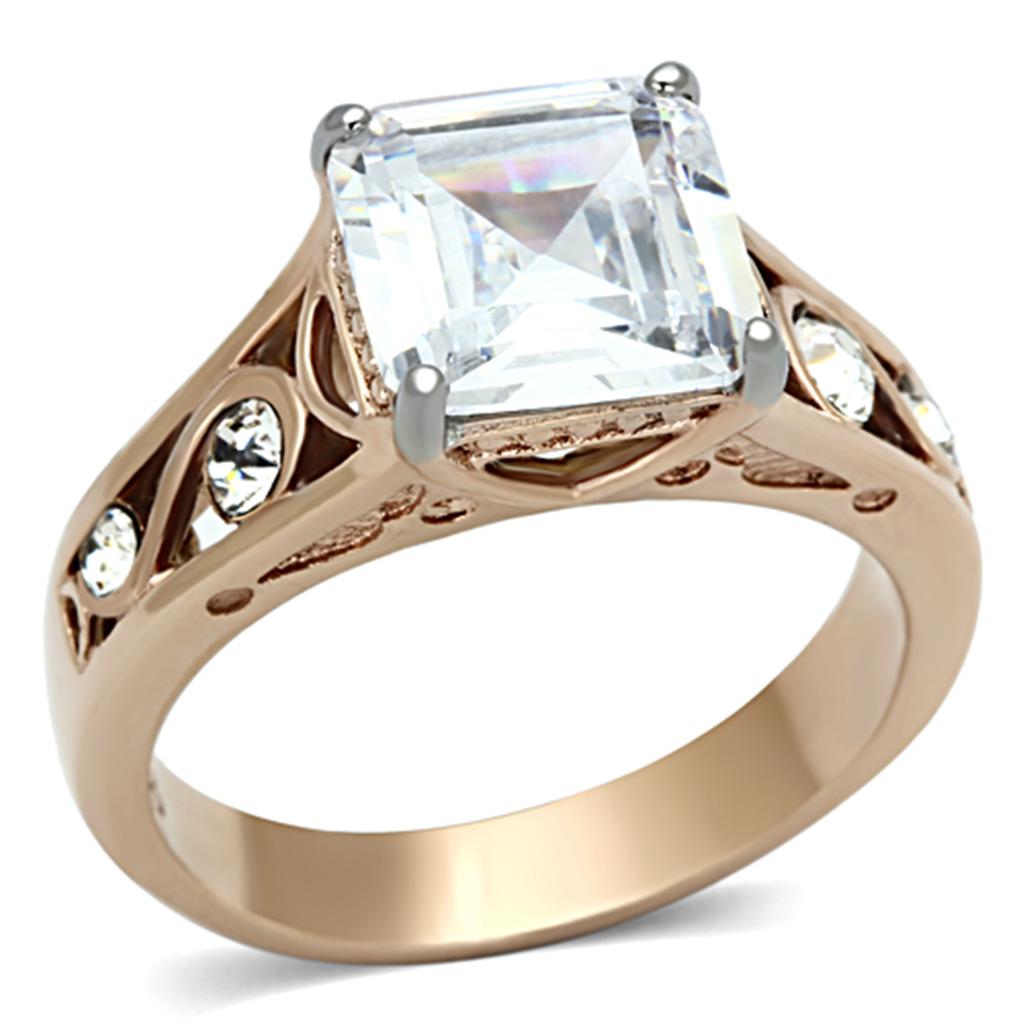 Two-Tone IP Rose Gold Stainless Steel Ring with AAA Grade CZ in Clear