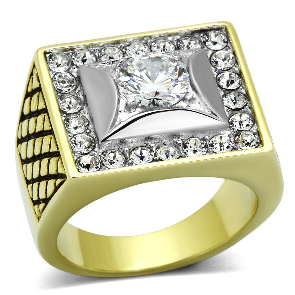 Two-Tone IP Gold (Ion Plating) Stainless Steel Ring with AAA Grade CZ in Clear