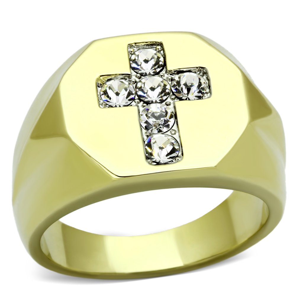 Two-Tone IP Gold (Ion Plating) Stainless Steel Ring with Top Grade Crystal in Clear