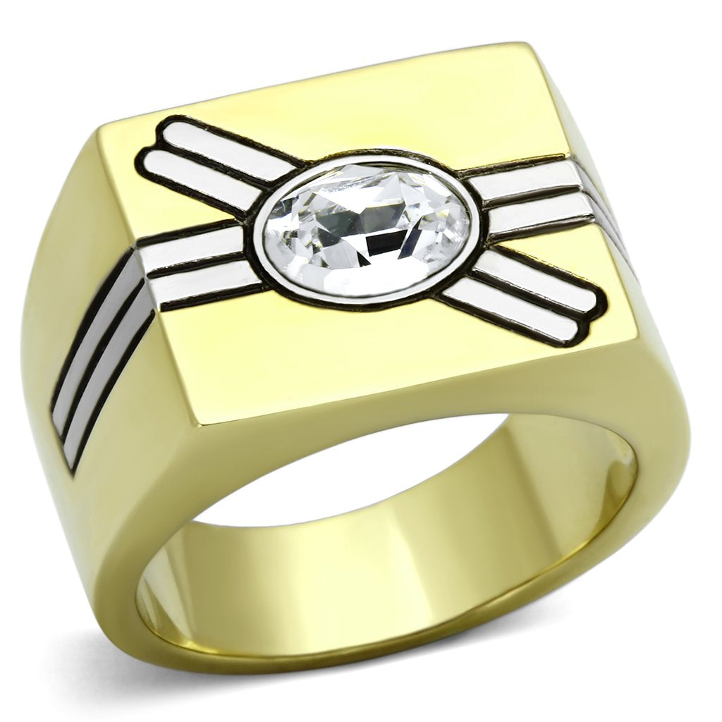 Two-Tone IP Gold (Ion Plating) Stainless Steel Ring with Top Grade Crystal in Clear