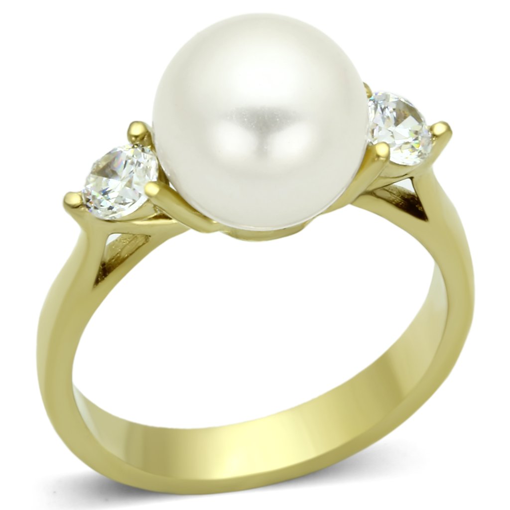 IP Gold(Ion Plating) Stainless Steel Ring with Synthetic Pearl in White