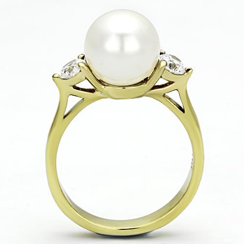 IP Gold(Ion Plating) Stainless Steel Ring with Synthetic Pearl in White
