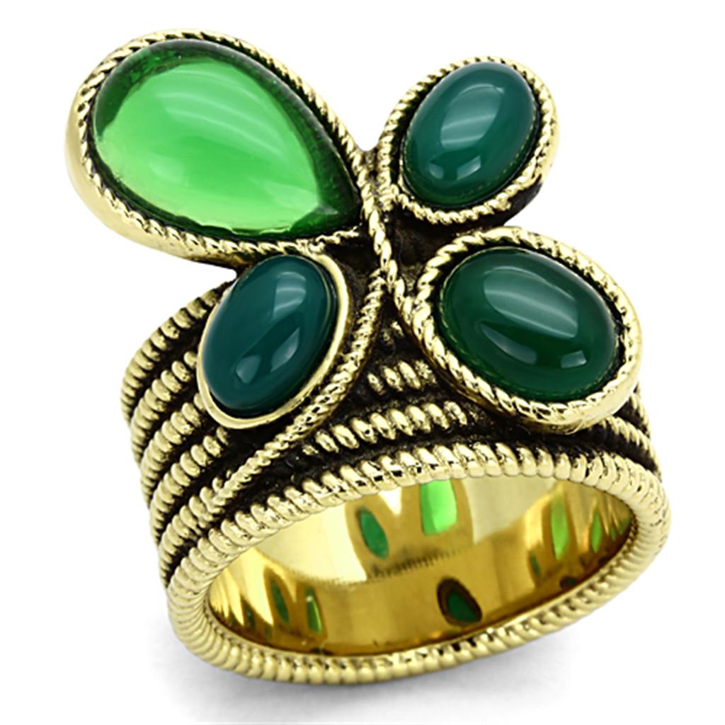 IP Gold(Ion Plating) Stainless Steel Ring with Synthetic Synthetic Glass in Emerald