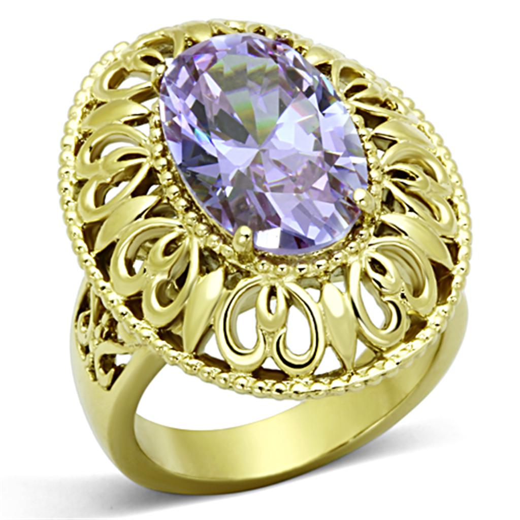 IP Gold(Ion Plating) Stainless Steel Ring with AAA Grade CZ in Light Amethyst