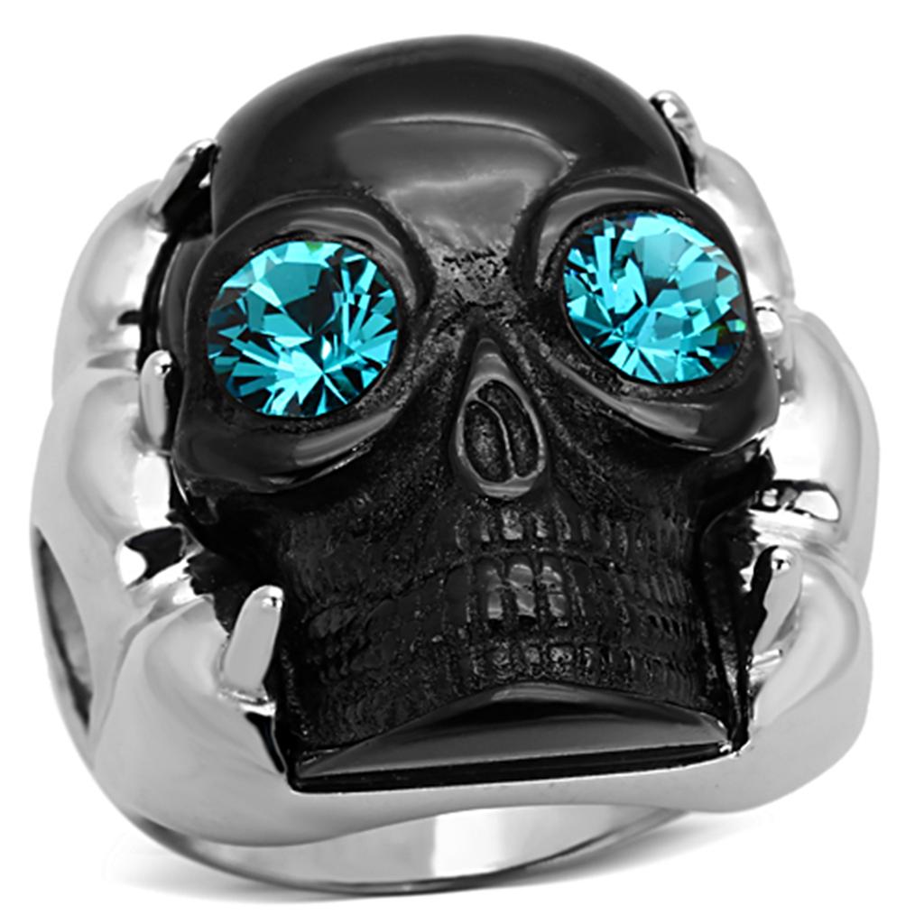 Two-Tone IP Black Stainless Steel Ring with Top Grade Crystal in Blue Zircon