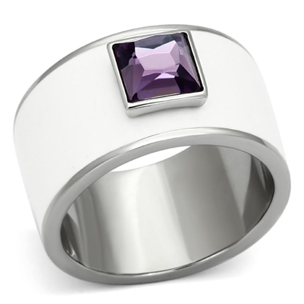 High polished (no plating) Stainless Steel Ring with Synthetic Synthetic Glass in Amethyst