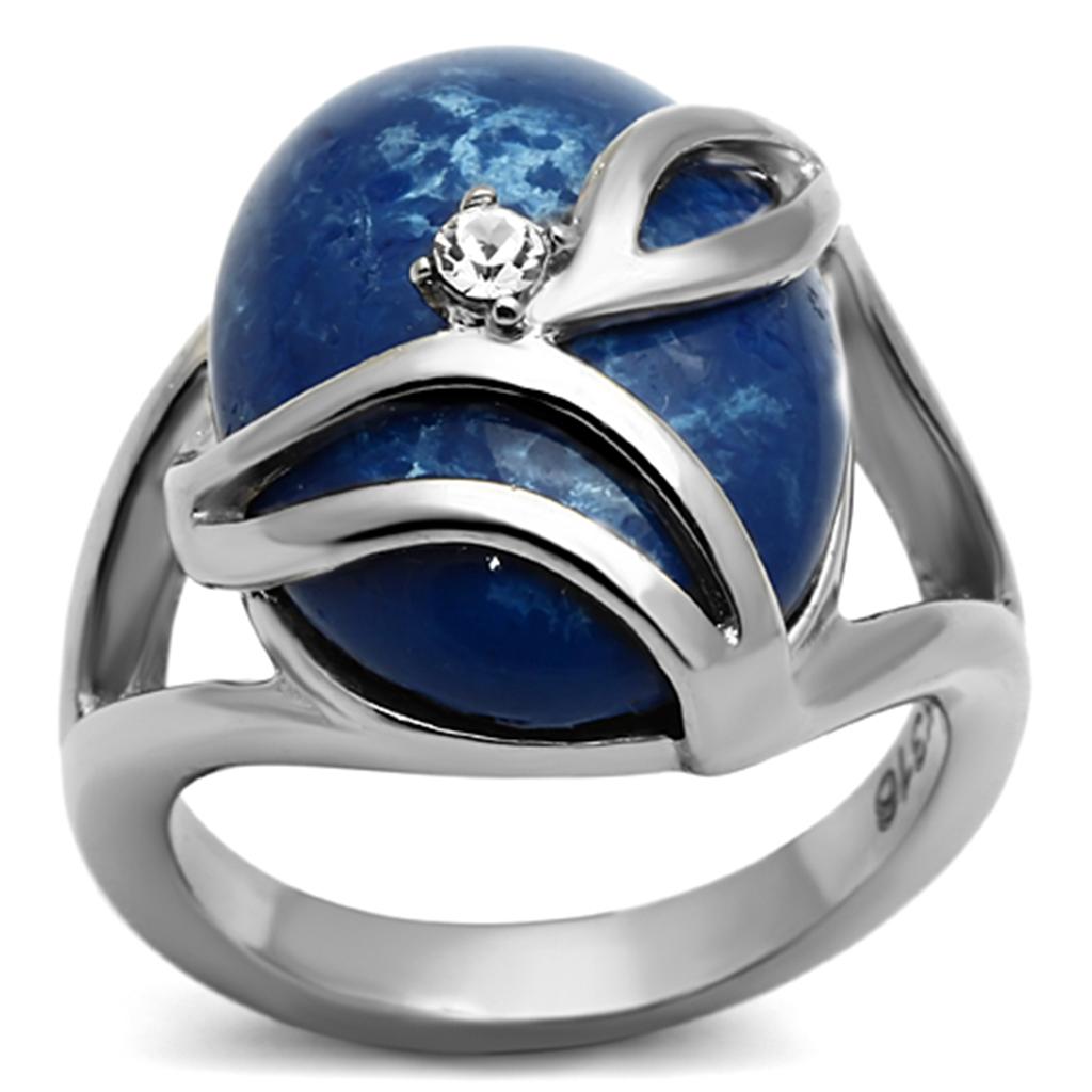 High polished (no plating) Stainless Steel Ring with Synthetic Synthetic Stone in Capri Blue