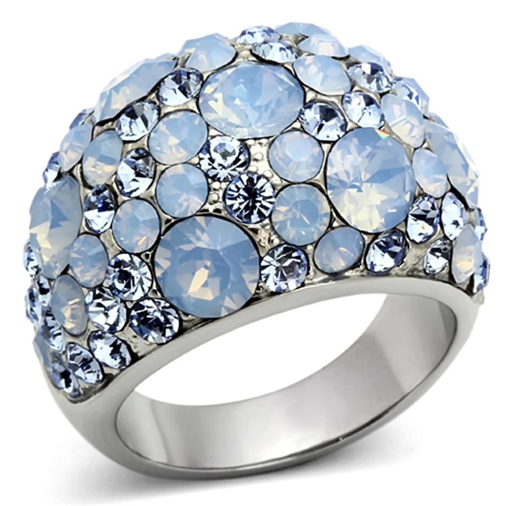 High polished (no plating) Stainless Steel Ring with Top Grade Crystal in Sea Blue