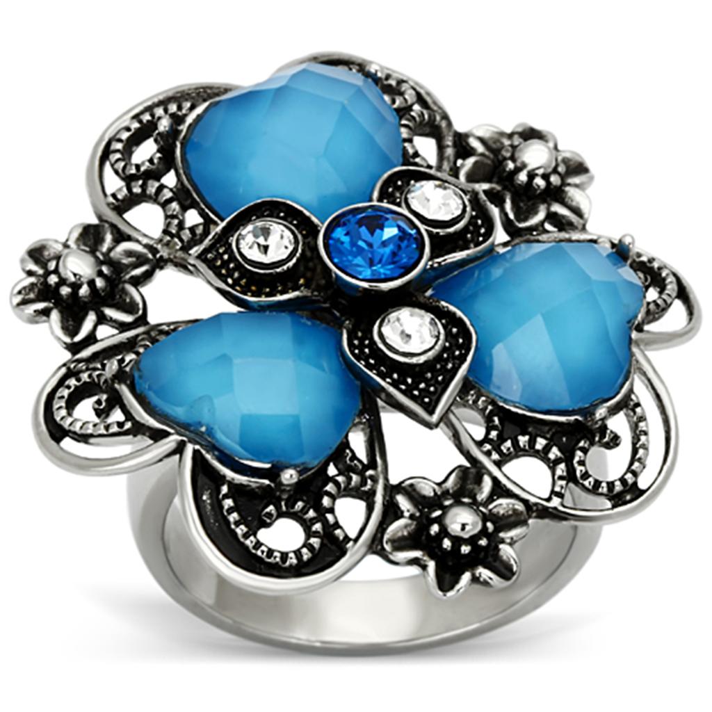 High polished (no plating) Stainless Steel Ring with Synthetic Synthetic Stone in Sea Blue