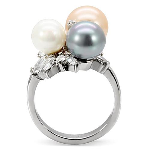 High polished (no plating) Stainless Steel Ring with Synthetic Pearl in Multi Color