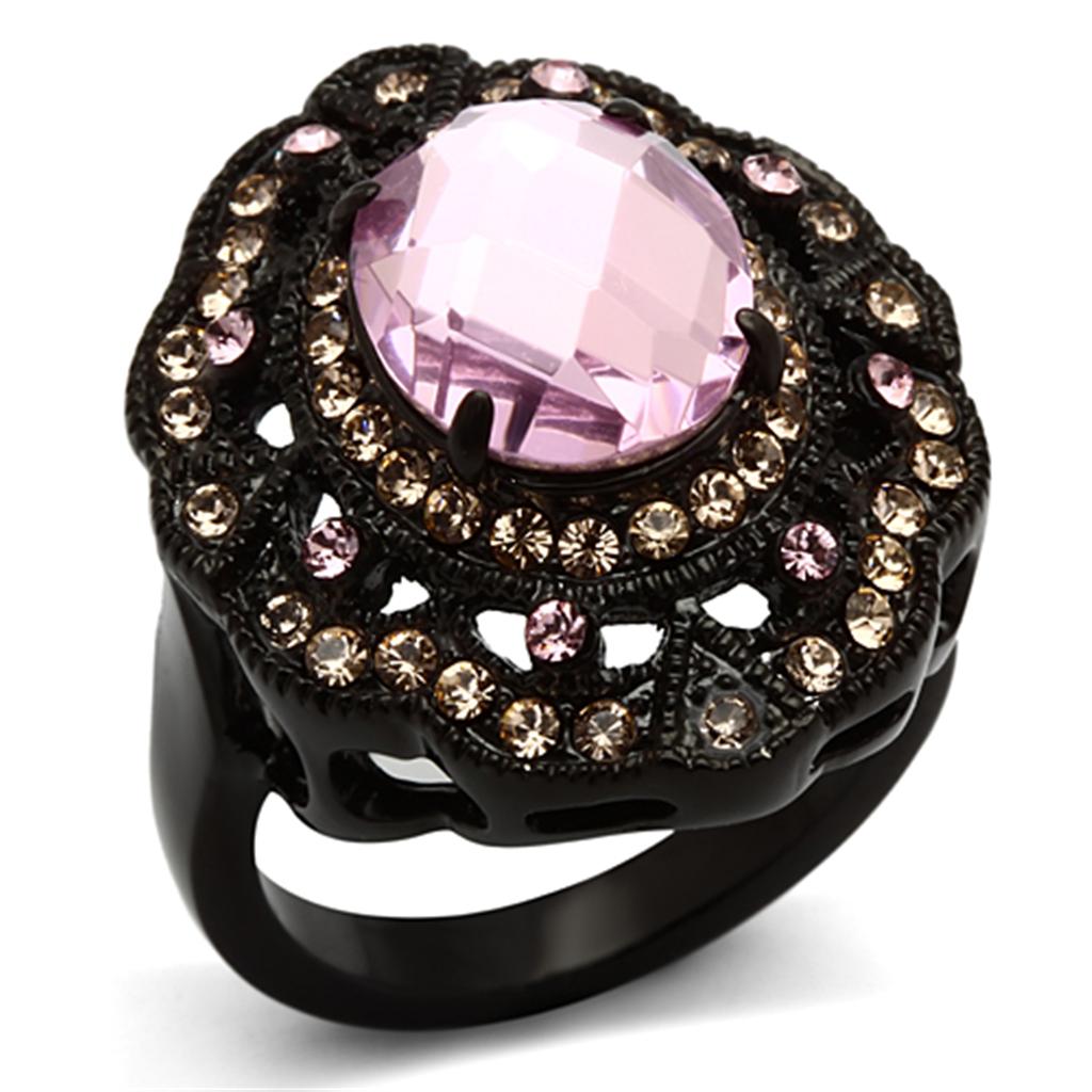 IP Black(Ion Plating) Stainless Steel Ring with Top Grade Crystal in Light Rose