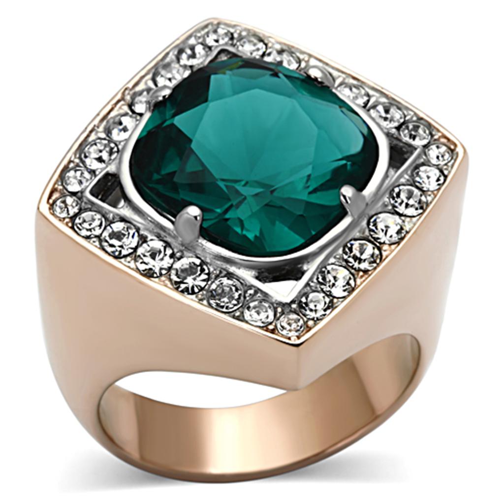 Two-Tone IP Rose Gold Stainless Steel Ring with Synthetic Synthetic Glass in Blue Zircon