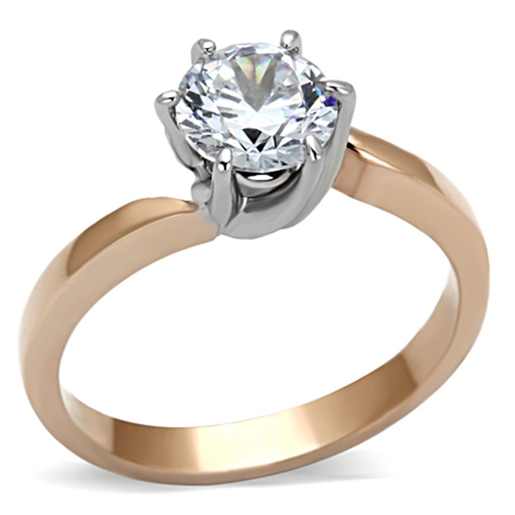 Two-Tone IP Rose Gold Stainless Steel Ring with AAA Grade CZ in Clear