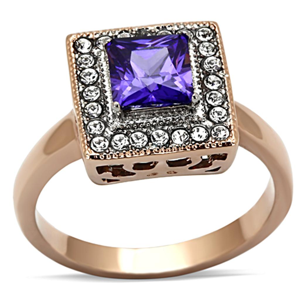Two-Tone IP Rose Gold Stainless Steel Ring with AAA Grade CZ in Tanzanite