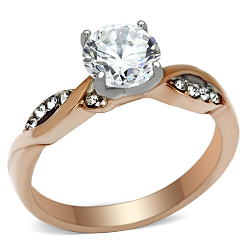 Two-Tone IP Rose Gold Stainless Steel Ring with AAA Grade CZ in Clear