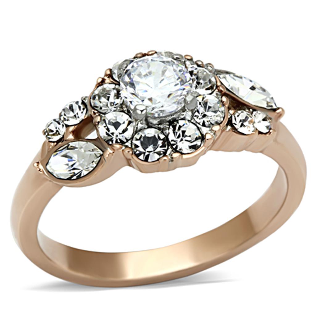 Two-Tone IP Rose Gold Stainless Steel Ring with AAA Grade CZ in Clear