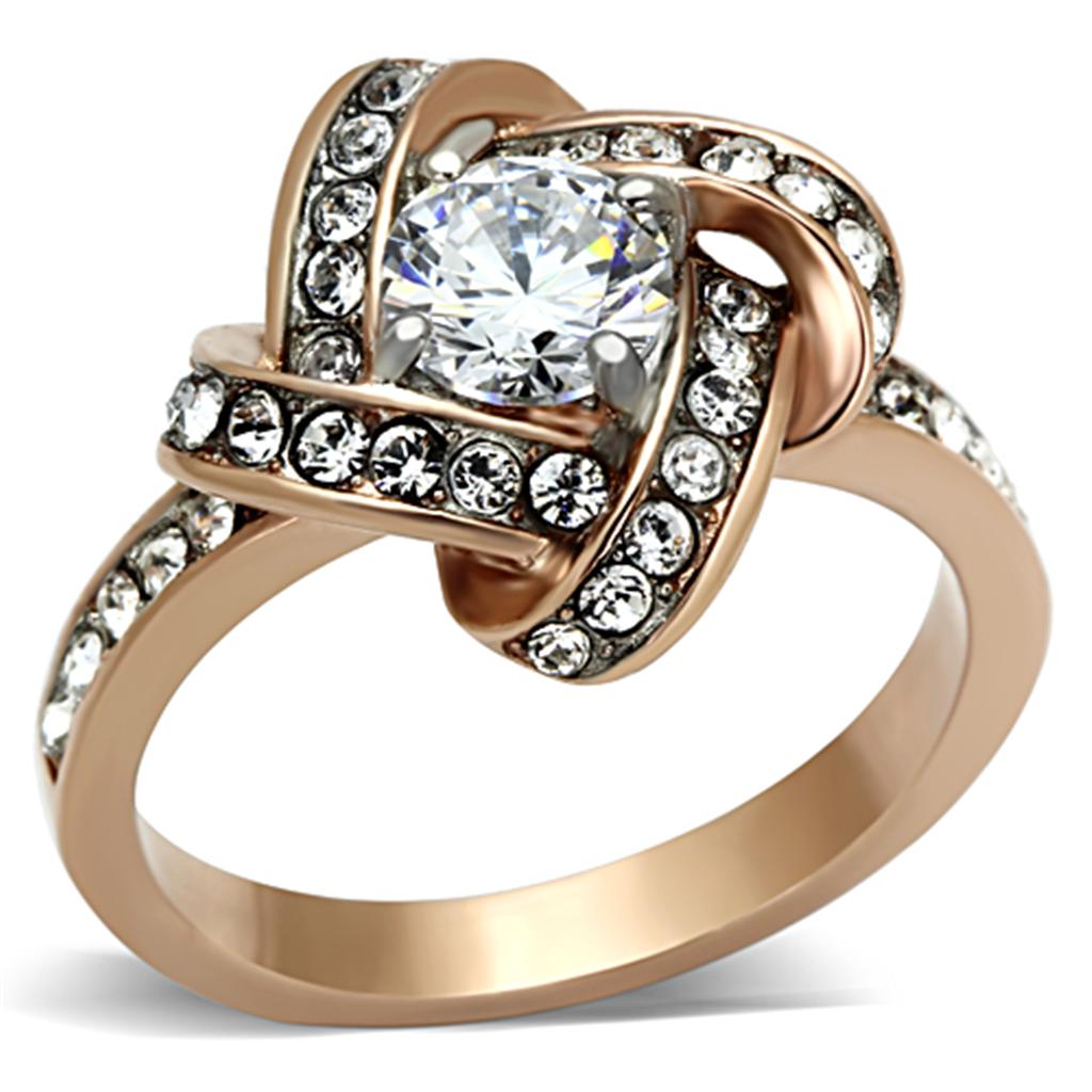 Two-Tone IP Rose Gold Stainless Steel Ring with AAA Grade CZ in Clear