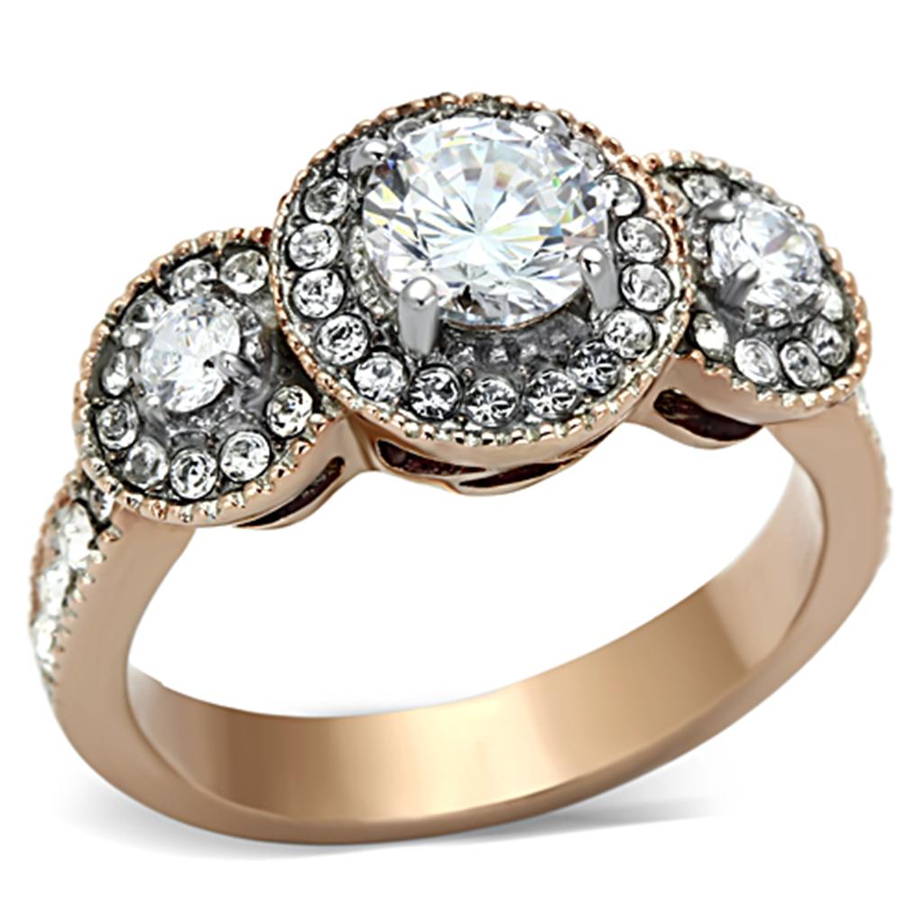 Tone IP Rose Gold Stainless Steel Ring with AAA Grade CZ in Clear