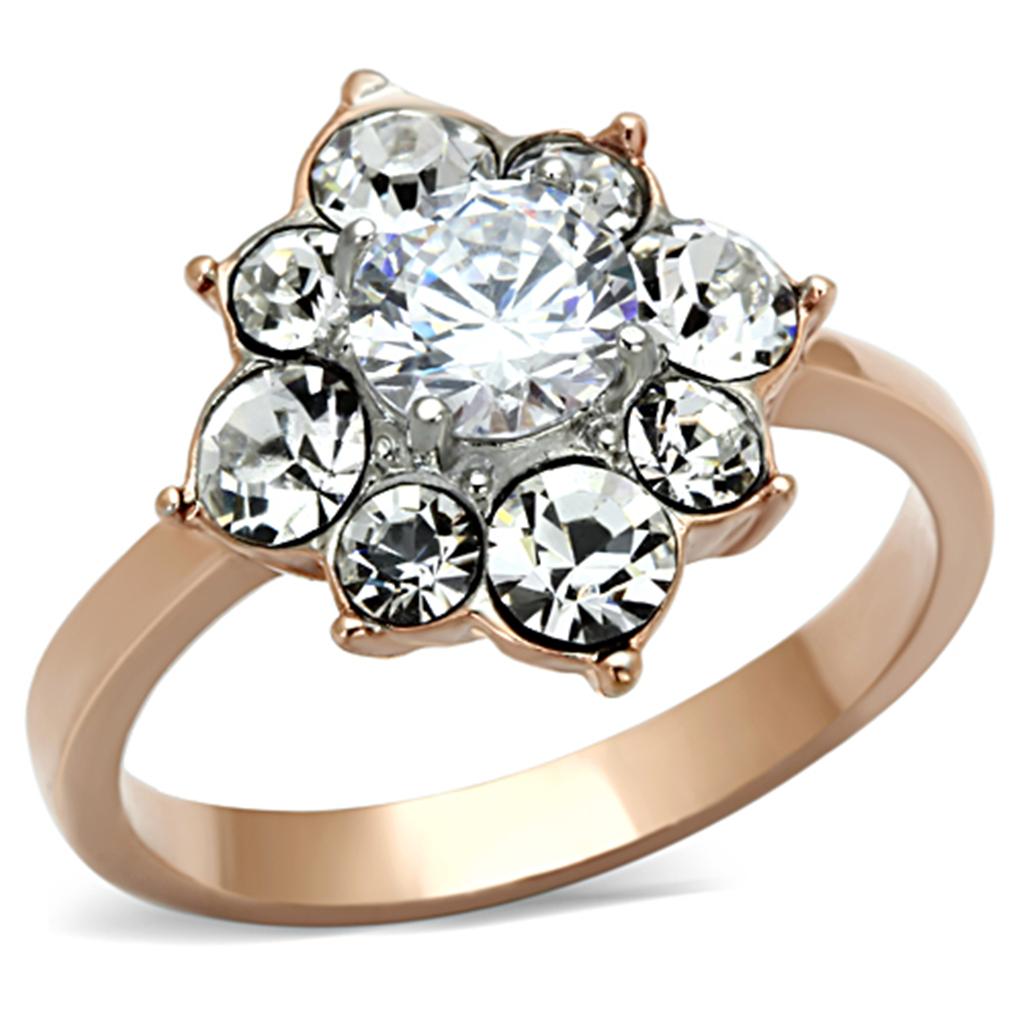 Two-Tone IP Rose Gold Stainless Steel Ring with AAA Grade CZ in Clear