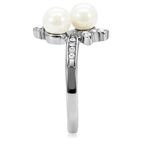 High polished (no plating) Stainless Steel Ring with Synthetic Pearl in White