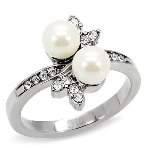 High polished (no plating) Stainless Steel Ring with Synthetic Pearl in White