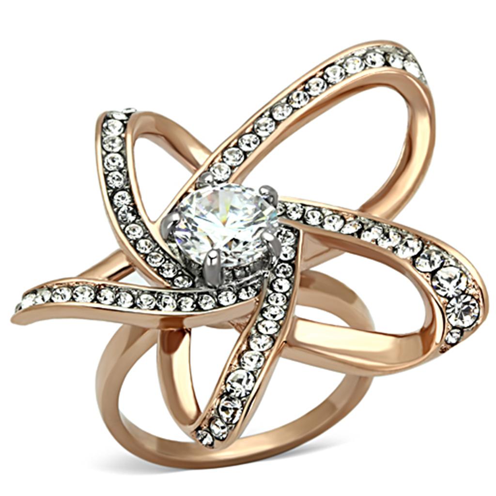 Two-Tone IP Rose Gold Stainless Steel Ring with AAA Grade CZ in Clear