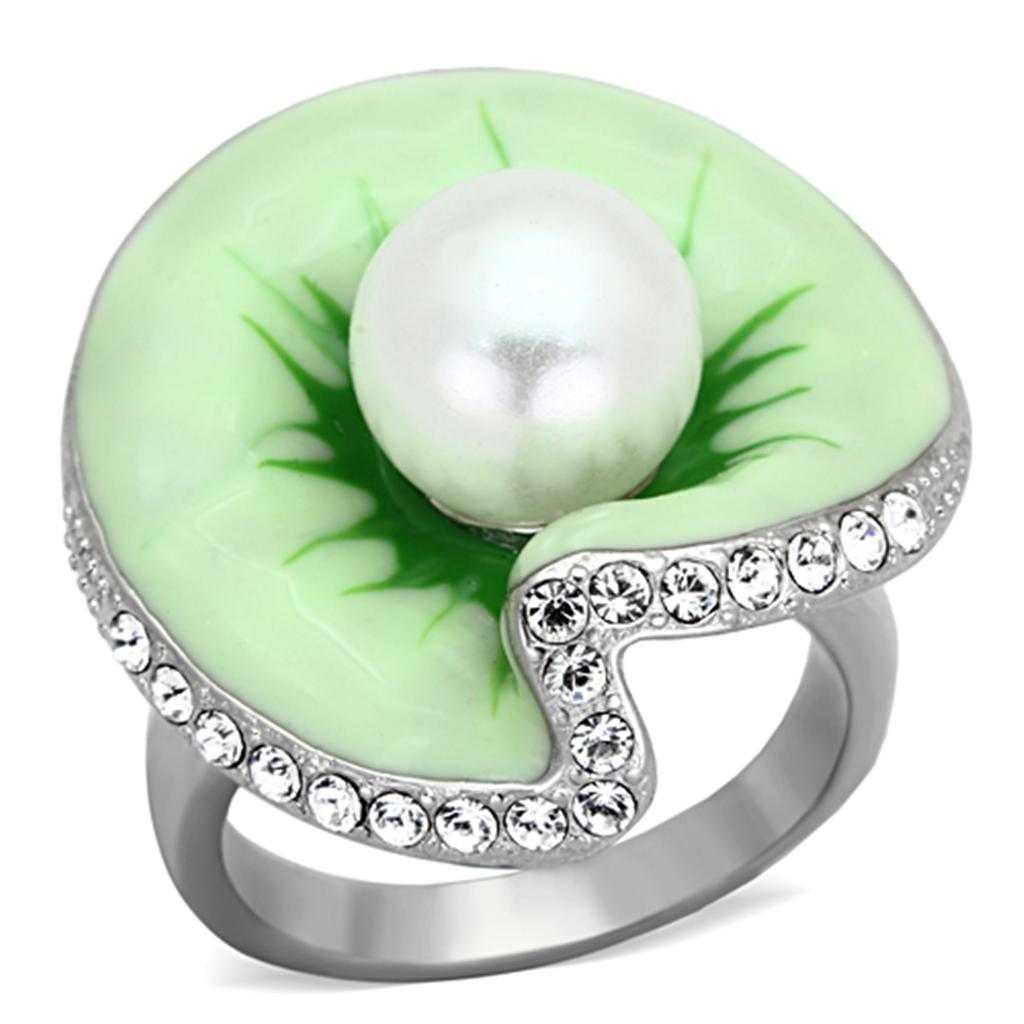 High polished (no plating) Stainless Steel Ring with Synthetic Pearl in White