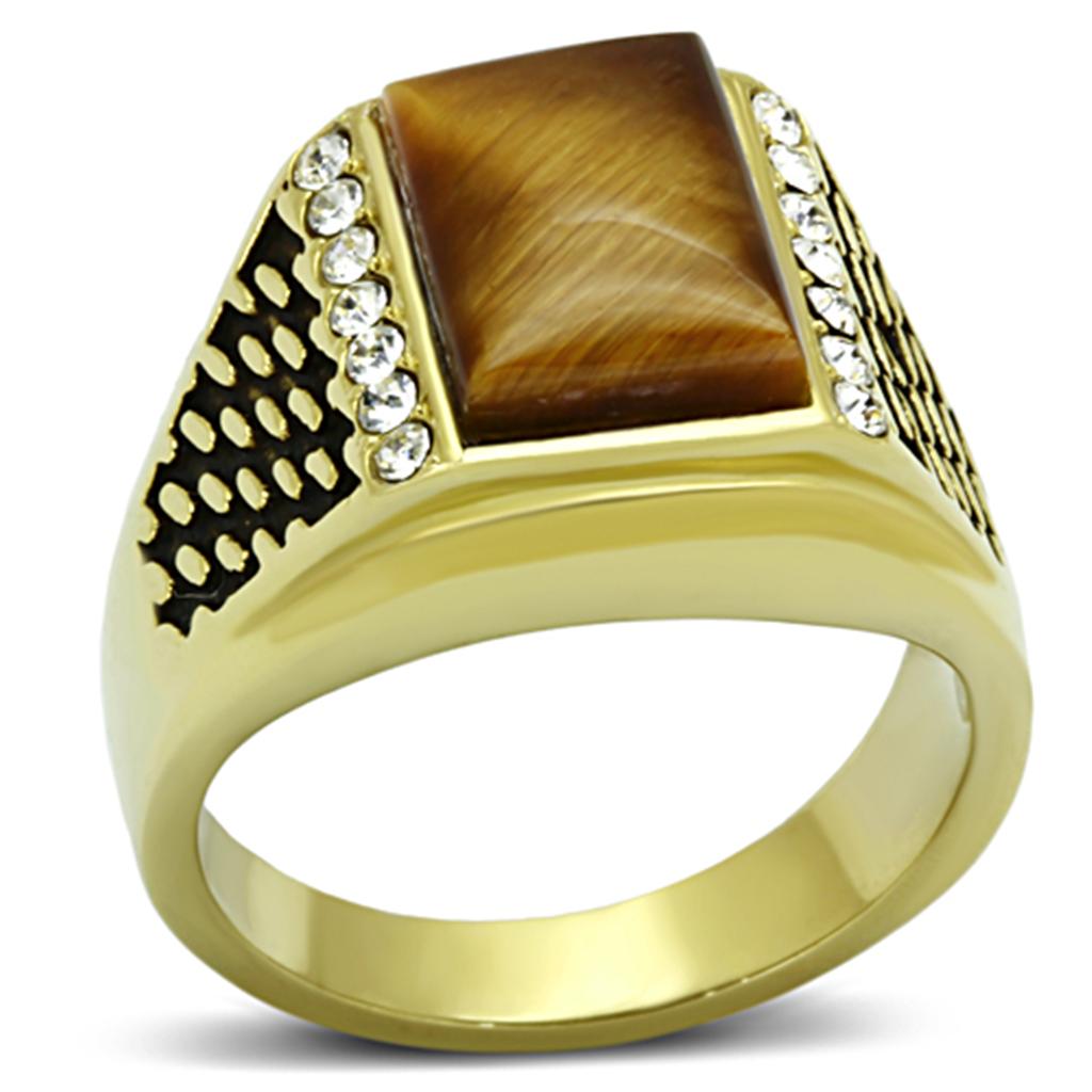 IP Gold(Ion Plating) Stainless Steel Ring with Synthetic Tiger Eye in Topaz